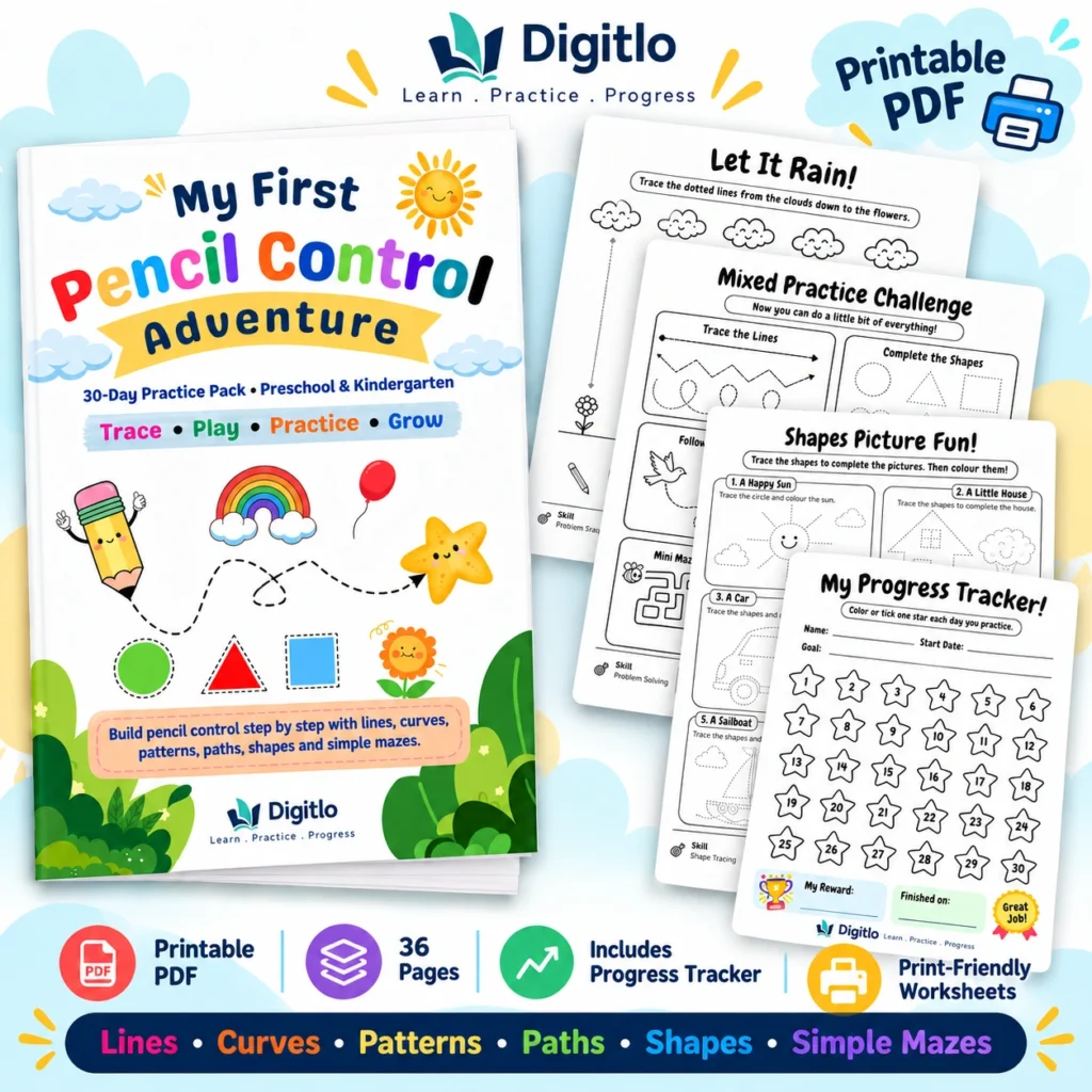 30-day pencil control worksheets printable pack for preschool and kindergarten by Digitlo