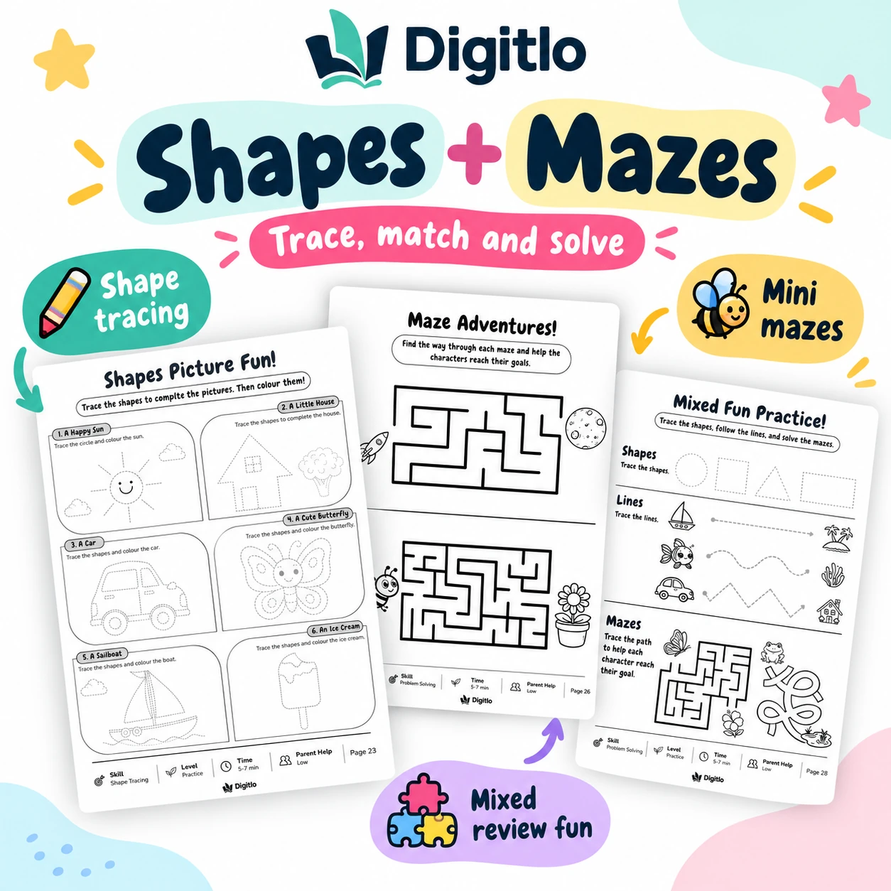 Pencil control shapes and mazes worksheet preview