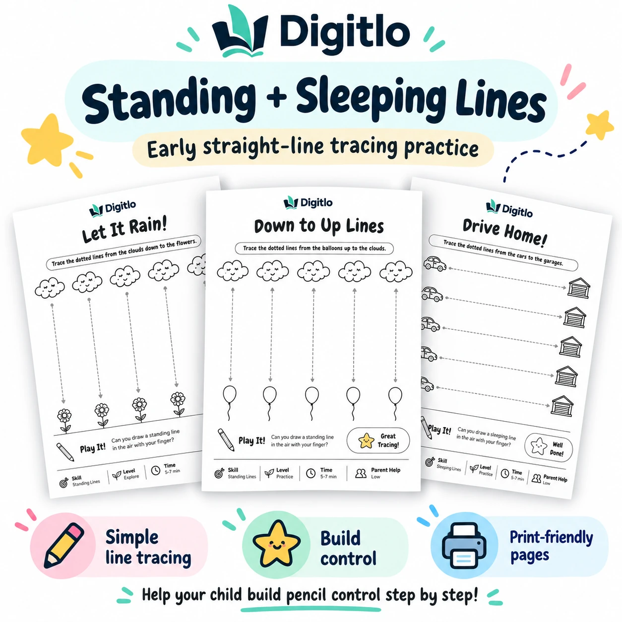 Pencil control standing and sleeping lines worksheet preview