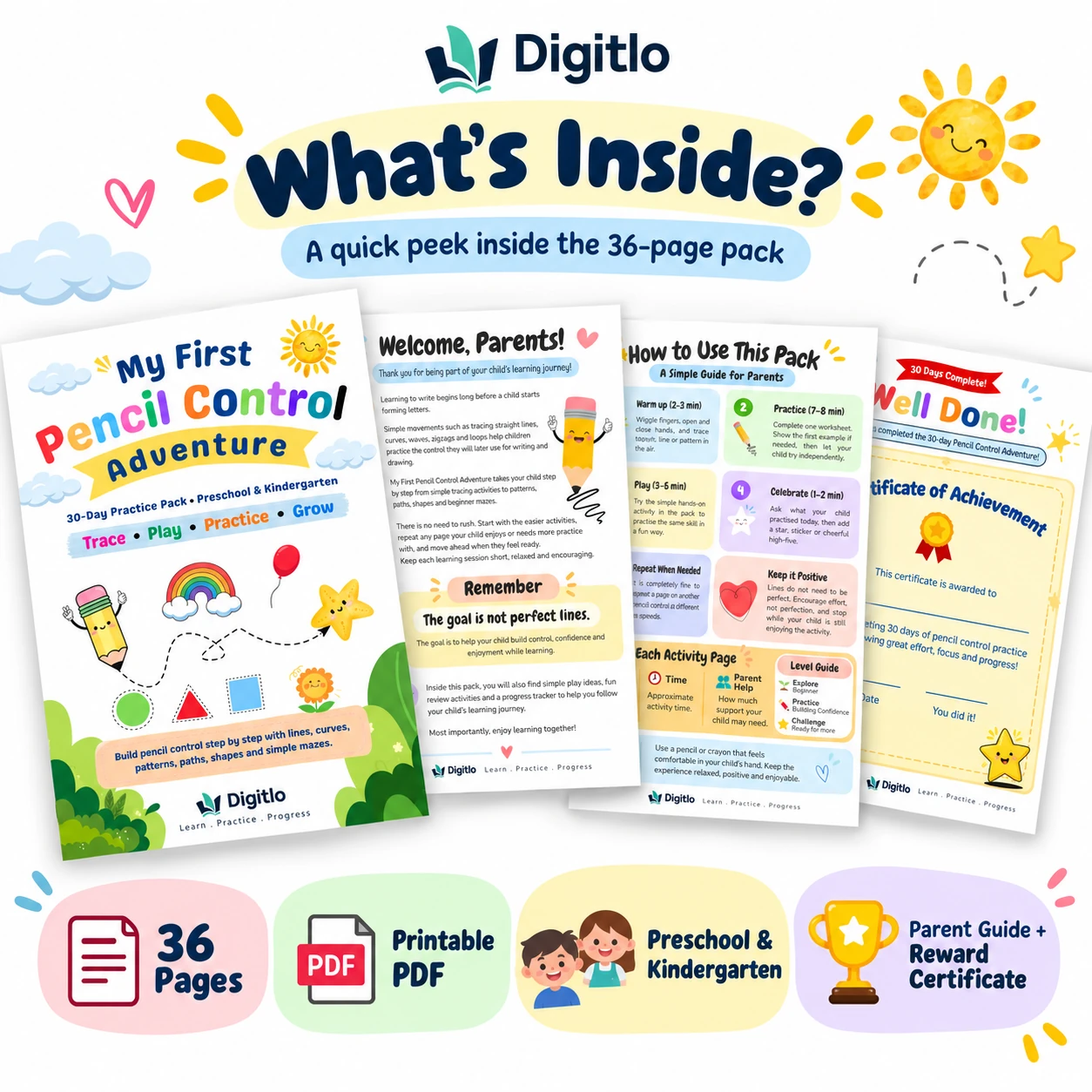 What's inside the 30-day pencil control printable pack by Digitlo