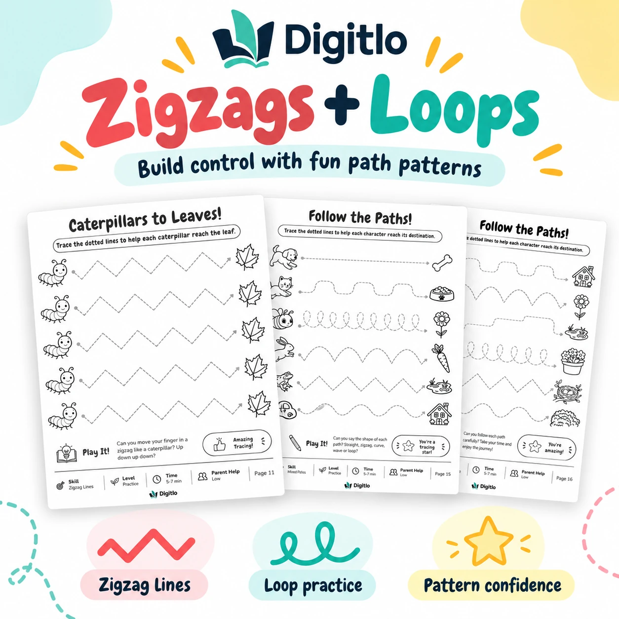 Zigzag and loop tracing worksheets for preschool and kindergarten by Digitlo